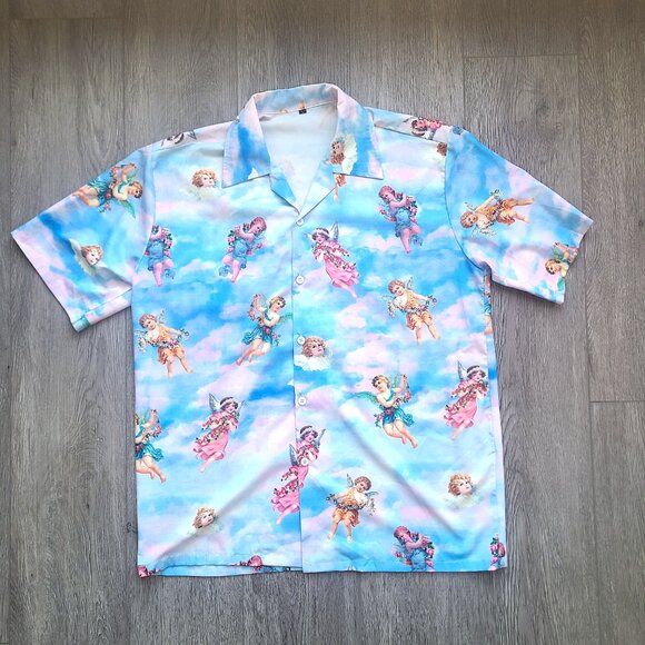 blue short sleeve button down shirt with all over baby angel print, size L - Picture 2 of 7
